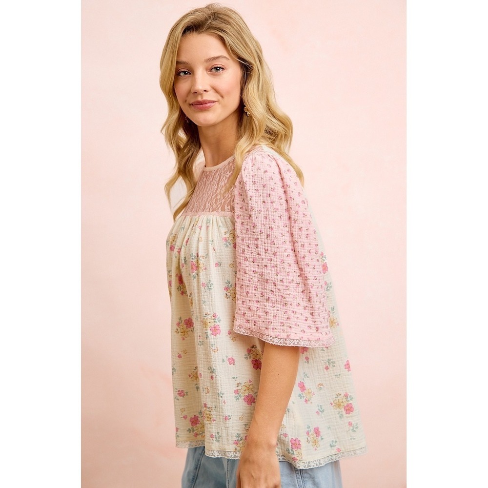 BiBi Crinkle Floral Gauze Mix And Matched Blouse Top - Cream/Pink - Medium - Picture 3 of 11